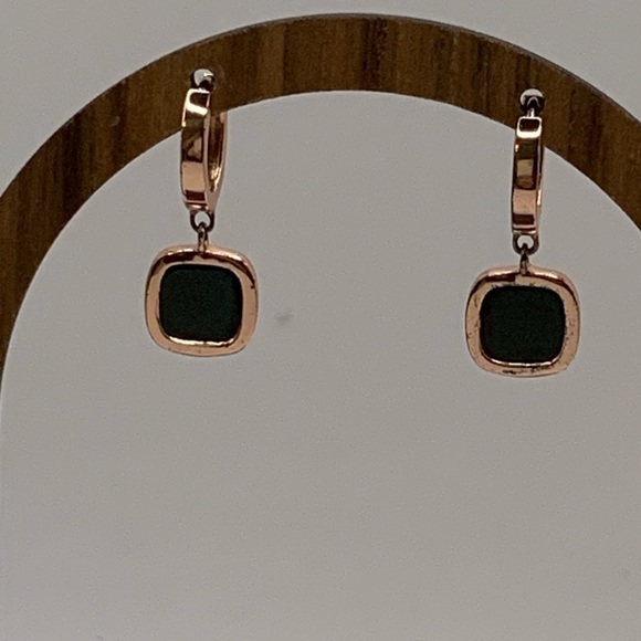 Sterling Silver 925 Black Onyx Drop Earrings - Rose Gold Tone Huggie Hoops - Picture 1 of 8